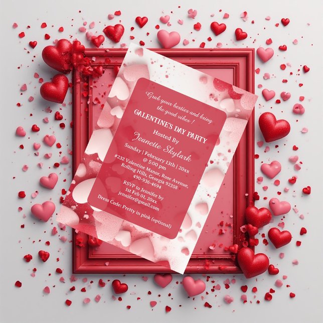 Invitation Fête de la Galentine Fleurs de Corail Pastel Moder (Galentine's Day Party Pastel Coral Hearts Modern Invitation)