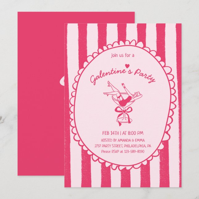 Invitation Fête de la Galentine rose chaud dessinée à la main (Devant / Derrière)