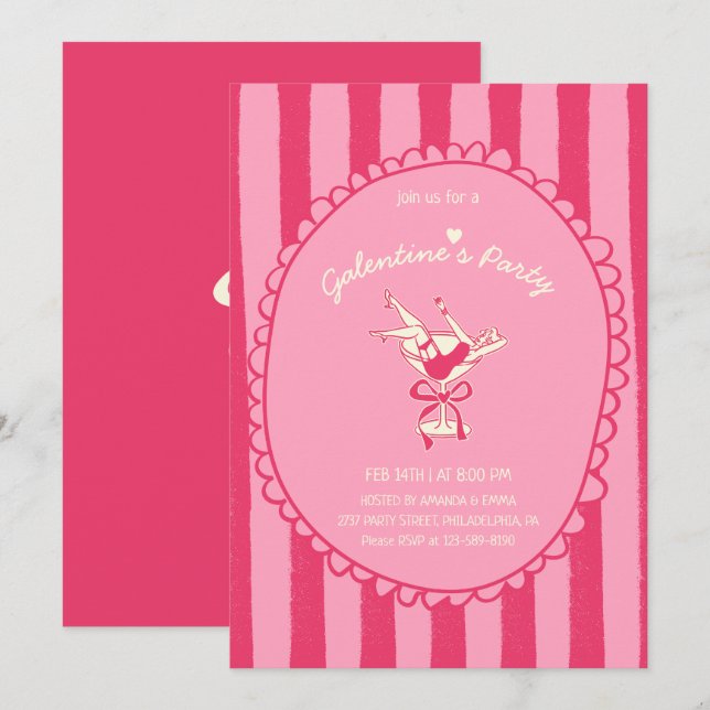 Invitation Fête de la Galentine rose chaud dessinée à la main (Devant / Derrière)