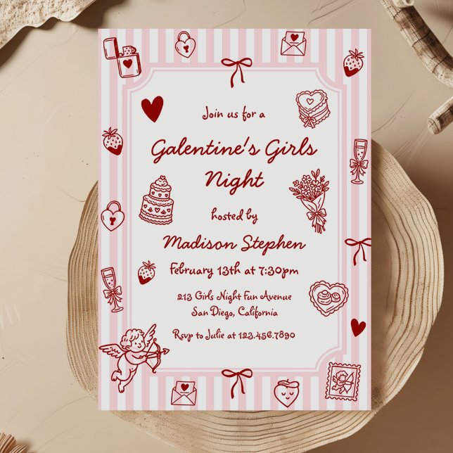Invitation Fête de la Galentine rose rouge dessinée à la main (Créateur téléchargé)