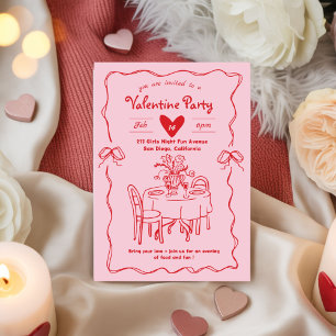 Invitation Fête de la Galentine rose rouge, gribouillage de f