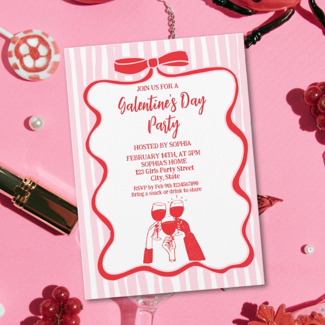 Invitation Fête de la Galentine unique dessinée à la main ros (Whimsy Hand Drawn Pink Red Galentine's Day Party Invitation)