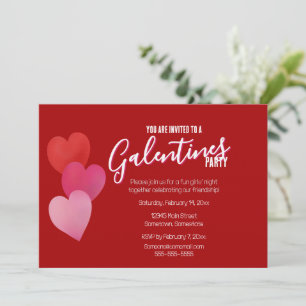 Invitation Fête de la Galentines avec 3 Cœurs sur Fond Rouge