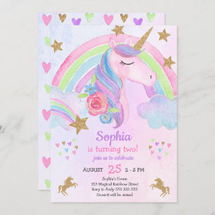 Invitation Fête de la Girl Unicorn Parties scintillant d'or P