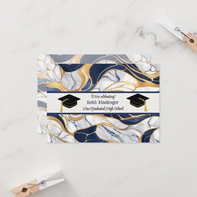 Invitation Fête de la Graduation du Fils en marbre bleu (Devant/Arrière en situation)