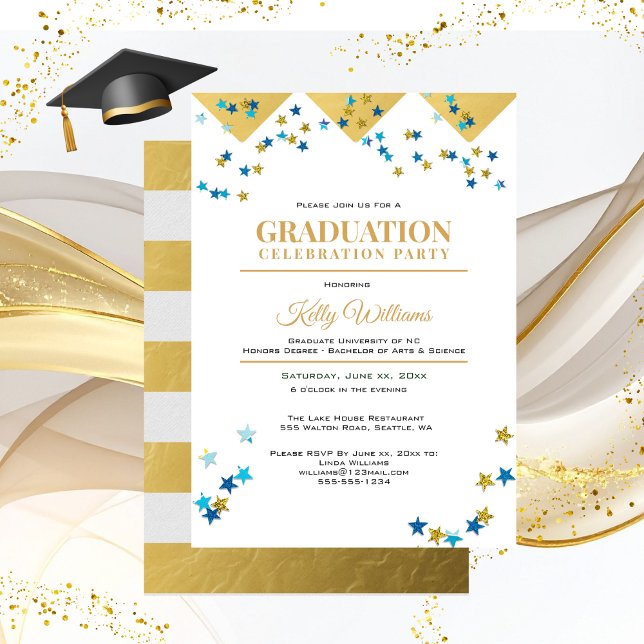 Invitation Fête de la Graduation, Or, Nom, (Graduation Celebration Party Gold Trim Invitation)