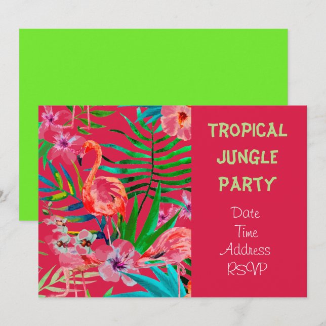 Invitation Fête de la Jungle tropicale avec flamant (Devant / Derrière)
