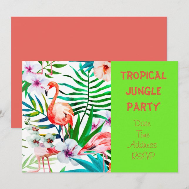 Invitation Fête de la jungle tropicale avec flamant rose (Devant / Derrière)