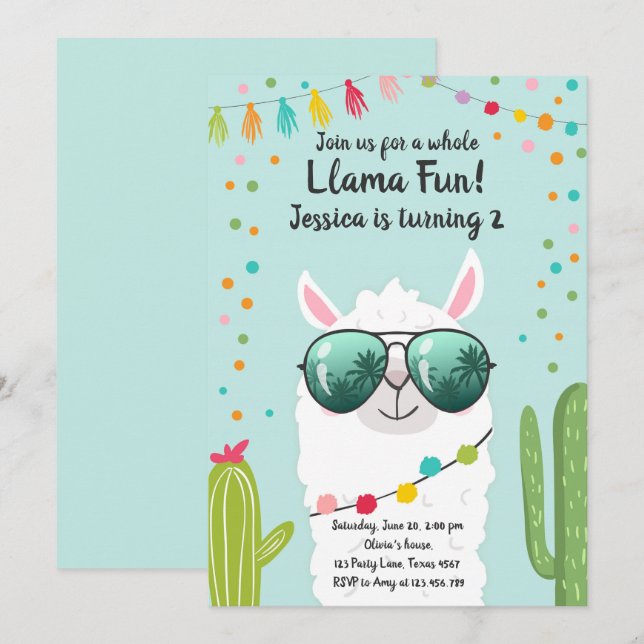 Invitation Fête de la lama Anniversaire de l'Alpaca Fiesta Fi (Devant / Derrière)