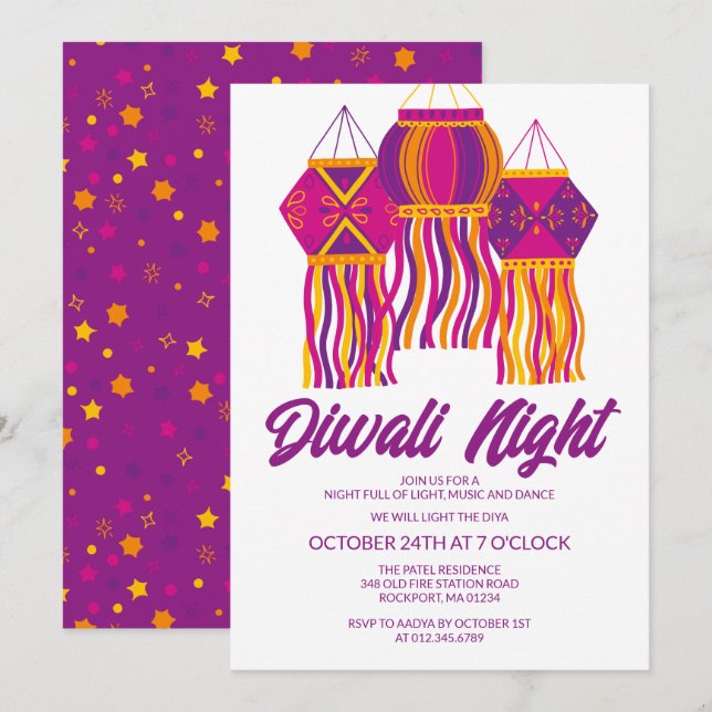 Invitation Fête de la Lanterne rose violet de la fête de Diva (Devant / Derrière)