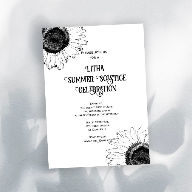 Invitation Fête de la Litha Tournesols Noir Blanc Solstice d' (Créateur téléchargé)