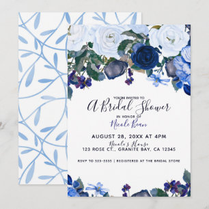 Invitation Fête de la mariée blanche et bleue de bouquet