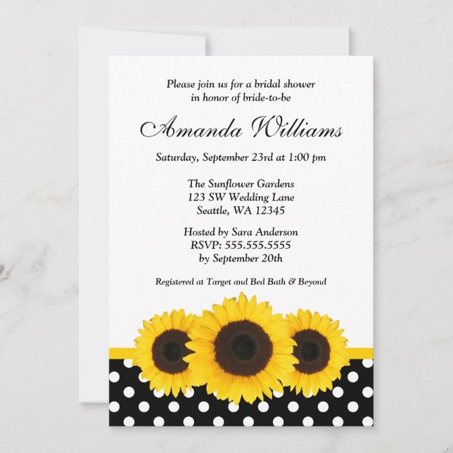 Invitation Fête de la mariée blanche et noire de tournesol de (Devant)