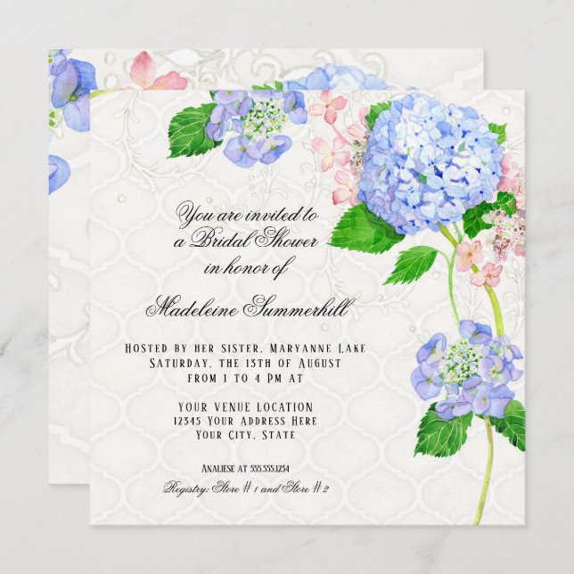 Invitation Fête de la mariée bleue d'aquarelle d'hortensia (Devant / Derrière)