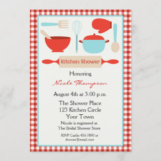 Invitation Fête de la mariée bleue et rouge d'ustensiles de