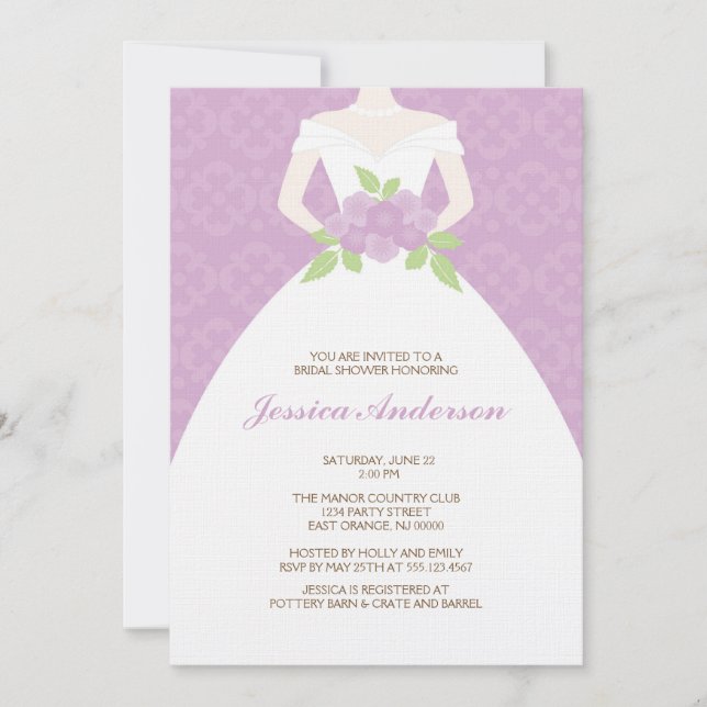 Invitation Fête de la mariée de damassé de lavande (Devant)