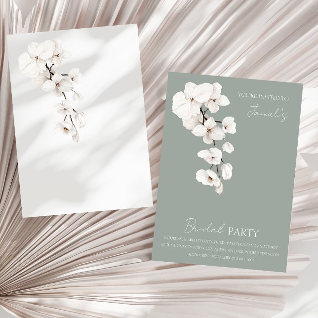 Invitation Fête de la mariée des Orchidées blanches de Sage V (Modern Sage Green White Orchids Wedding Bridal Party Invitation)