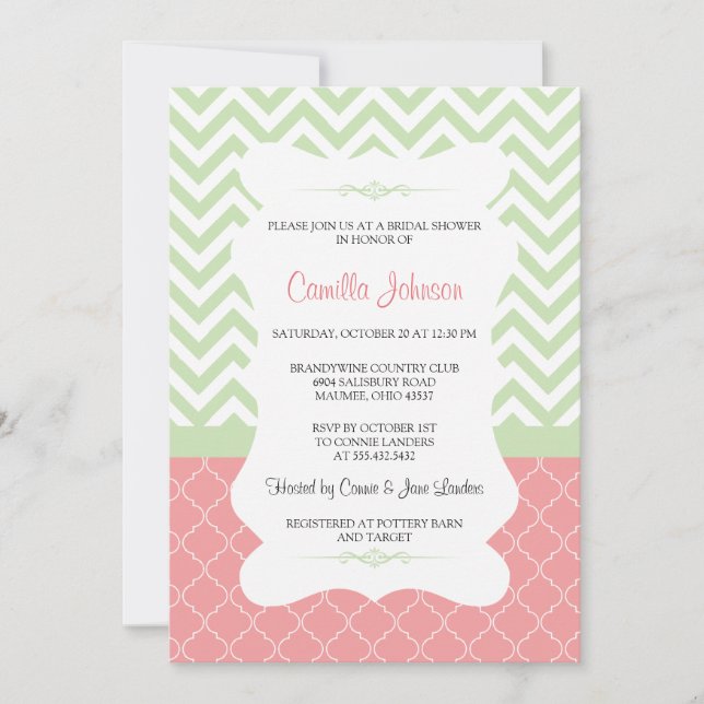 Invitation Fête de la mariée élégante verte et rose moderne (Devant)