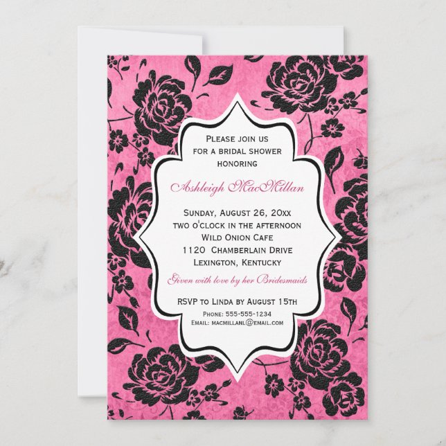 Invitation Fête de la mariée florale blanche noire rose de (Devant)