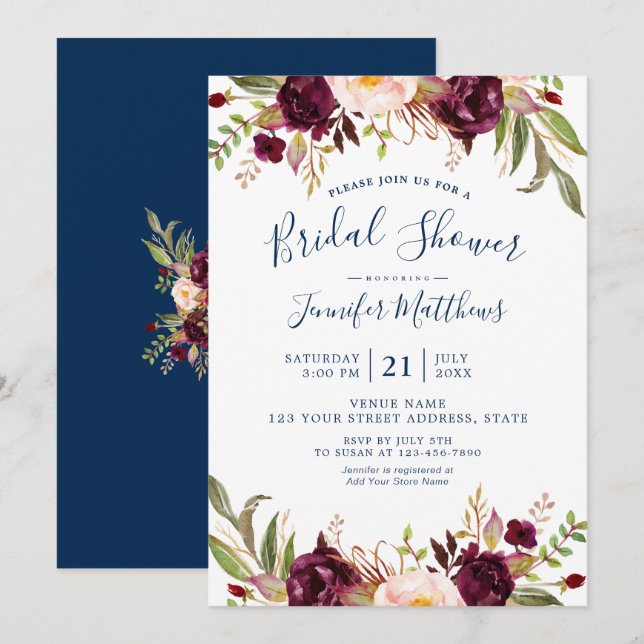 Invitation Fête de la mariée florale rustique de bleu marine (Devant / Derrière)