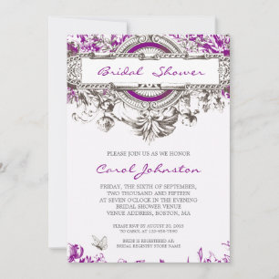 Invitation Fête de la mariée florale vintage grise pourpre