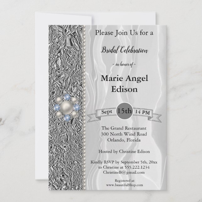 Invitation Fête de la mariée huile d'argent, soie blanche et  (Devant)