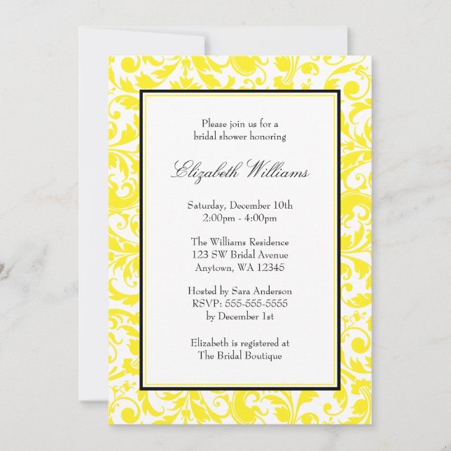 Invitation Fête de la mariée jaune et noire de damassé de (Devant)