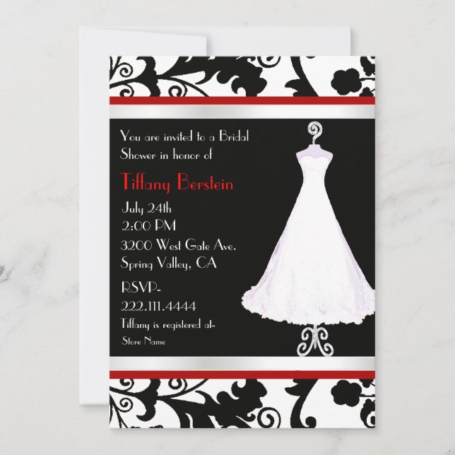 Invitation Fête de la mariée noire de damassé et de robe de (Devant)