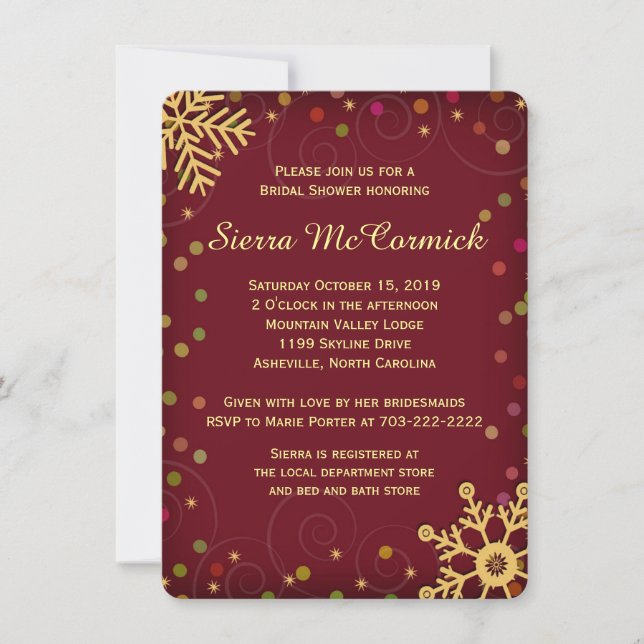 Invitation Fête de la mariée rouge de vacances de flocons de (Devant)