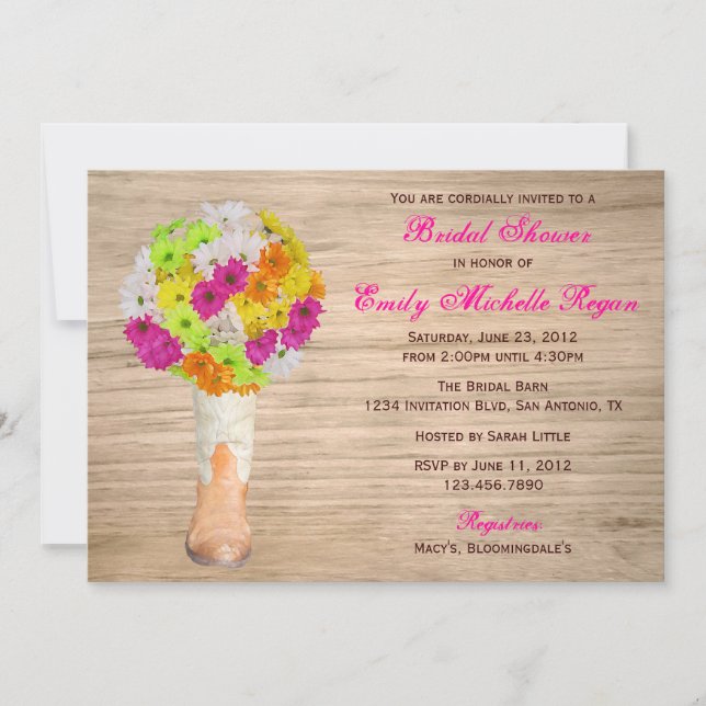 Invitation Fête de la mariée rustique de bottes et de (Devant)