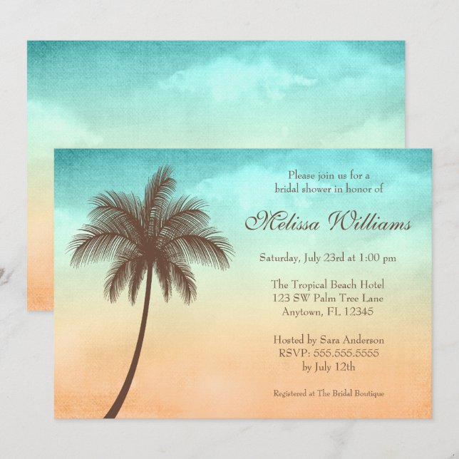 Invitation Fête de la mariée tropicale de palmier de plage (Devant / Derrière)