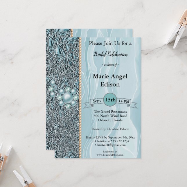 Invitation Fête de la mariée Turquoise Blue Foil & Silk & Pea (Devant/Arrière en situation)