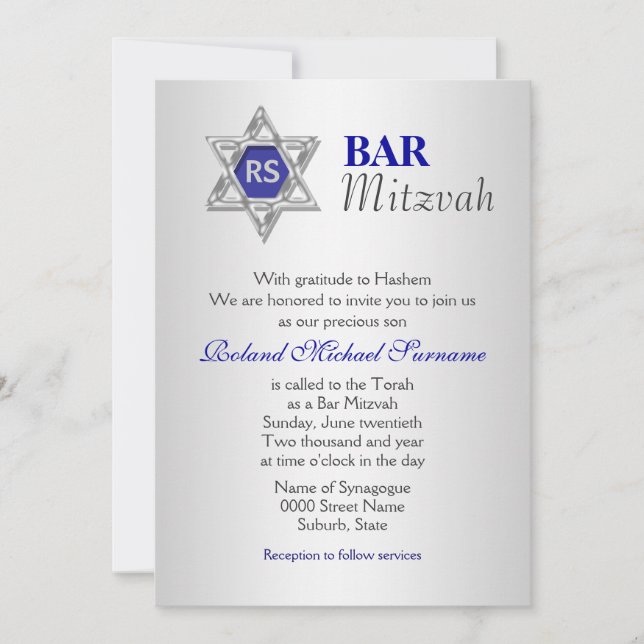 Invitation Fête de la mitzvah de bar bleu argenté (Devant)