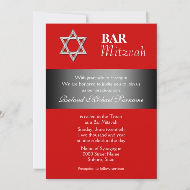 Invitation Fête de la mitzvah rouge grise (Devant)