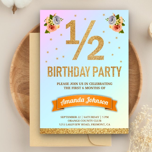 Invitation Fête de la moitié d'anniversaire Fleur Glitter Or  (Créateur téléchargé)