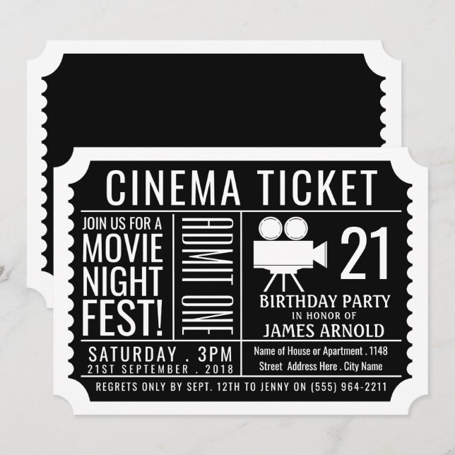 Invitation Fête de la nuit, Billets de cinéma, Fête d'anniver (Devant / Derrière)