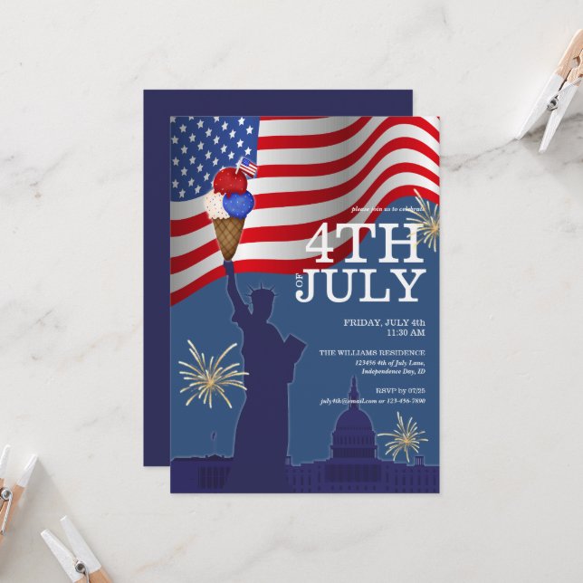 Invitation Fête de la piscine BBQ le 4 juillet Glace Famille (Devant/Arrière en situation)