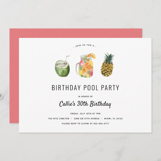 Invitation Fête de la piscine d'anniversaire (Devant / Derrière)