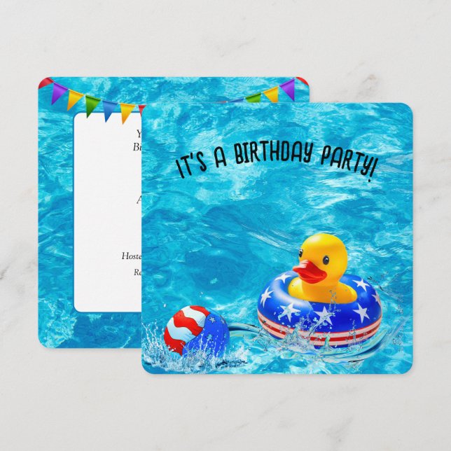 Invitation Fête de la piscine d'anniversaire avec canard jaun (Devant / Derrière)