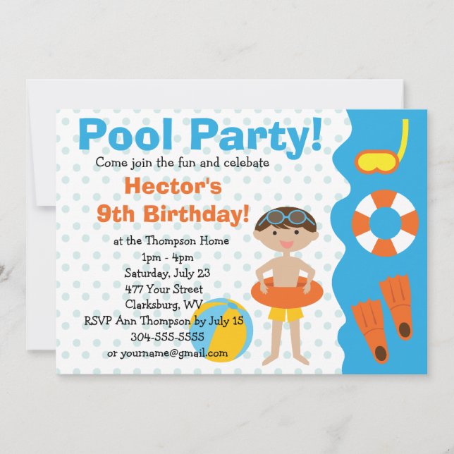 Invitation Fête de la piscine d'anniversaire de Custom Boy (Devant)