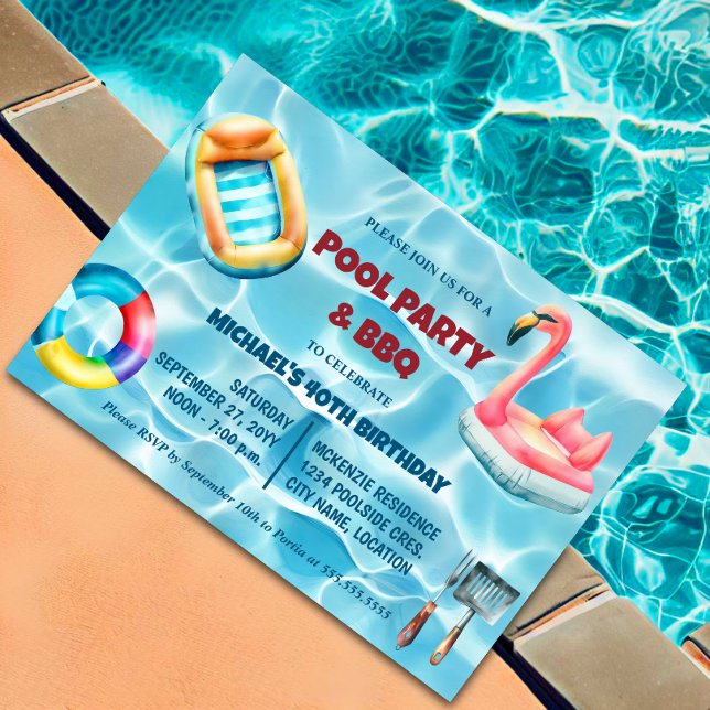 Invitation Fête de la piscine d'anniversaire et barbecue (Celebrate in style with a pool and BBQ birthday party! Customize the template for a fun-filled day. )