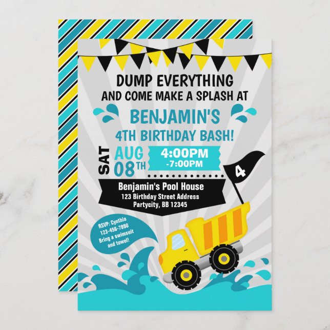 Invitation Fête de la piscine de camion de pompage Constructi (Devant / Derrière)