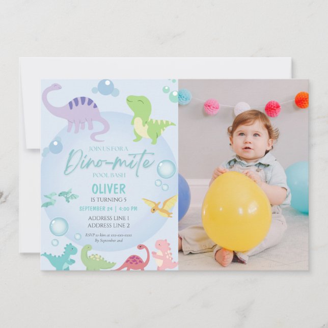 Invitation fête de la piscine de dinosaure garçon photo anniv (Devant)