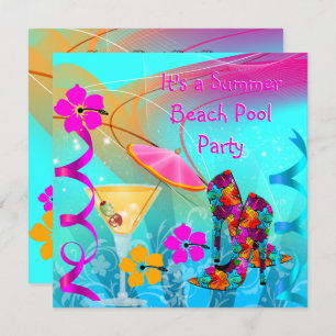 Invitation Fête de la piscine de plage Été rose Turquoise