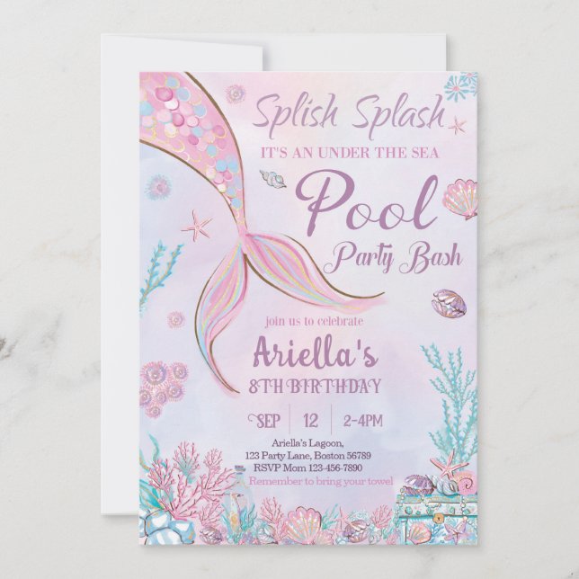 Invitation Fête de la piscine de sirène Anniversaire Invitati (Devant)