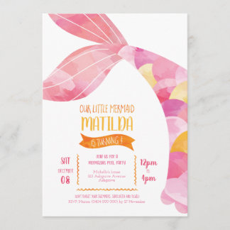Invitation Fête de la piscine de sirène orange et rose