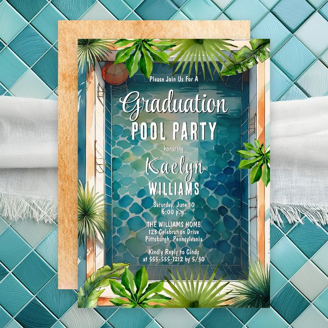 Invitation Fête de la piscine d'été de style méditerranéen (Luxury Mediterranean Style Summer Graduation Pool Party Invitation - Print | Digital Download)