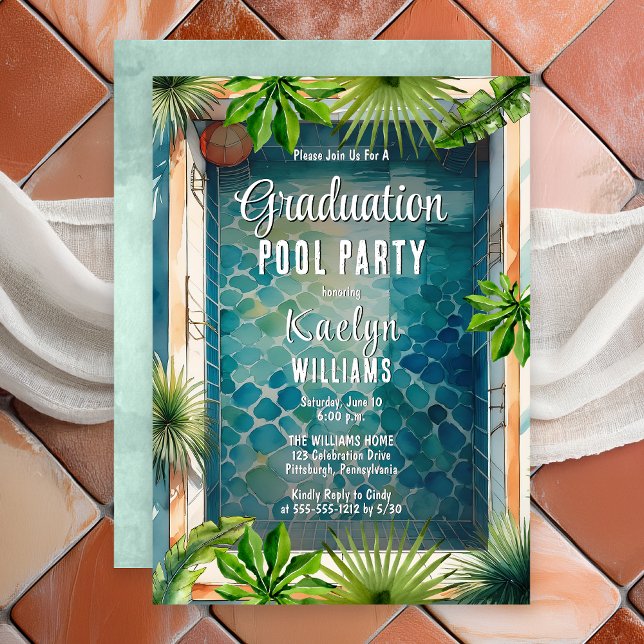Invitation Fête de la piscine d'été de style méditerranéen (Luxury Mediterranean Style Summer Graduation Pool Party Invitation - Print | Digital Download)