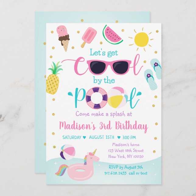 Invitation Fête de la piscine Gold Girl (Devant / Derrière)