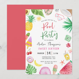 Invitation Fête de la piscine moderne Sweet sixteen d'été Ann